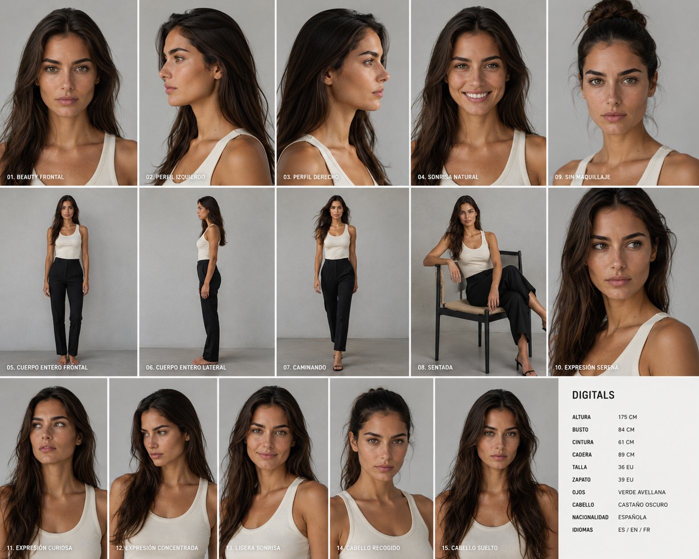 Las fotos de referencia de Alma Moreau: de frente, de perfil, de cuerpo entero y sus medidas